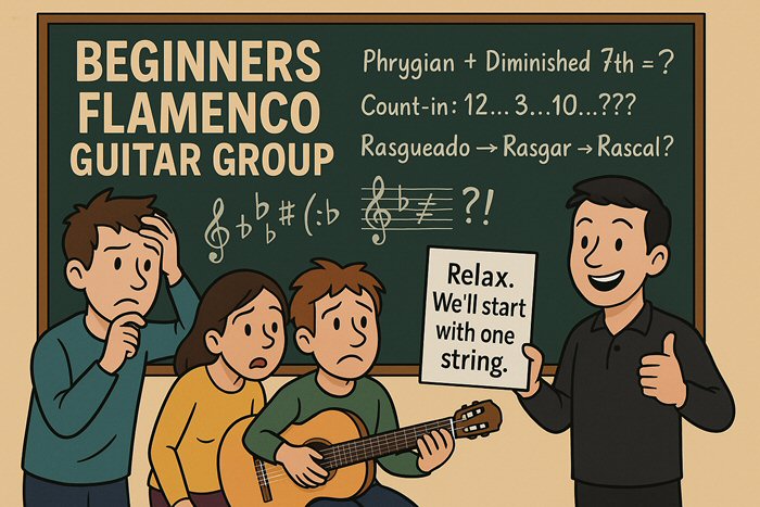 Cartoon of confused flamenco guitar beginners
