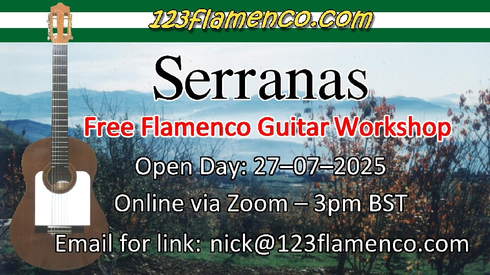 Serranas flamenco guitar workshop poster with Andalusian mountain background
	– July 2025